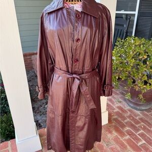 Vintage 1970s Burgundy Leather Full Length Trench Coat Size 10